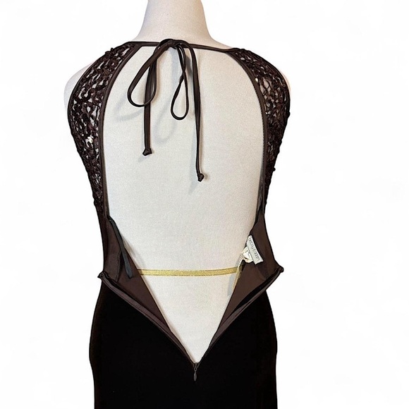 Y2K Betsy & Adam Sequin Lace Maxi Dress Sz 9/10 Black Velvet Open Back Prom - Picture 5 of 8